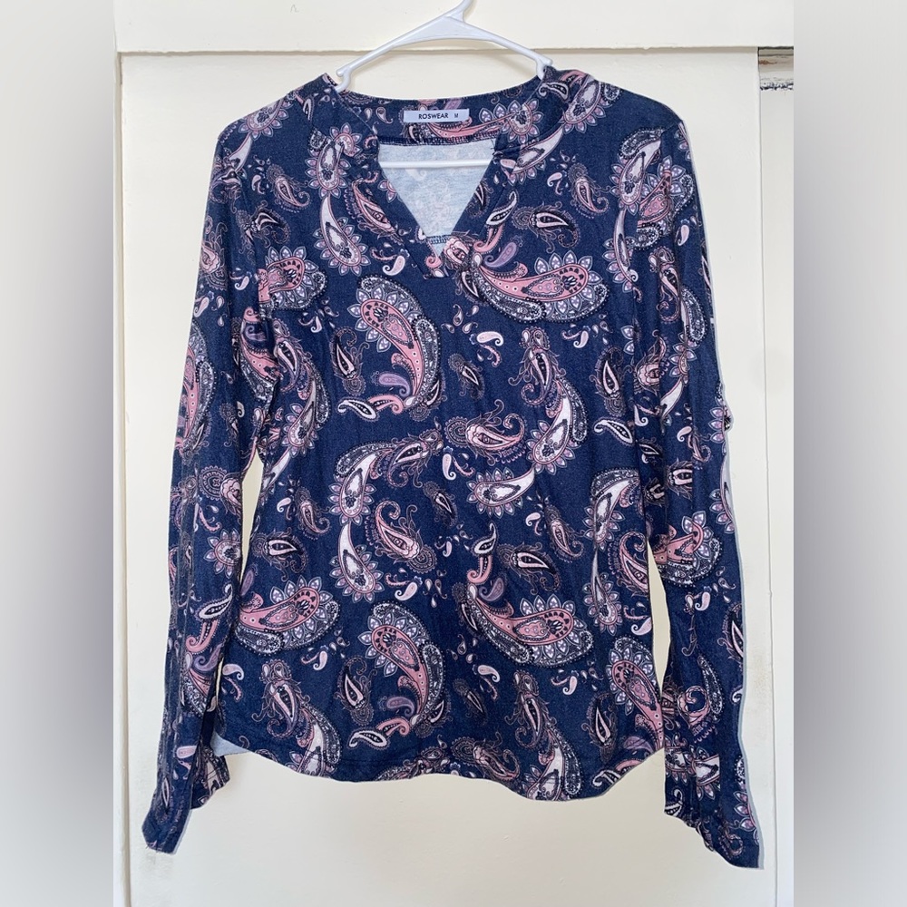 Paisley Navy Pink White Roswear Blouse M